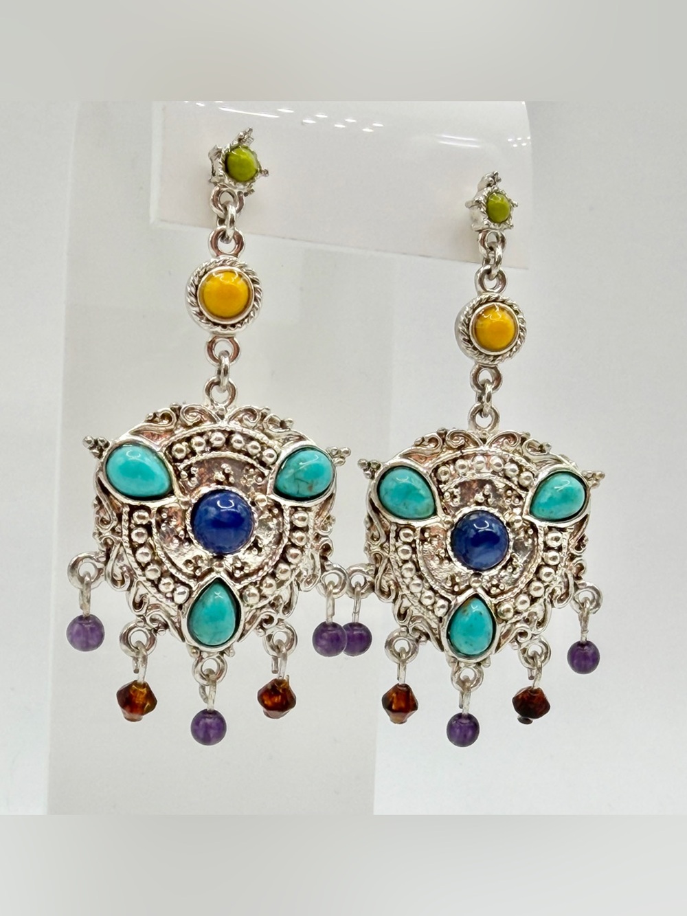 Bohemian Multi-Color Silver Statement Drop Earrings